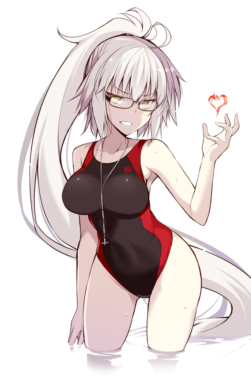 1girl bangs black-framed_eyewear black_swimsuit breasts collarbone competition_swimsuit eyebrows_visible_through_hair fate/grand_order fate_(series) glasses grey_hair grin hand_up heart highres hips jeanne_d'arc_(alter)_(fate) jeanne_d'arc_(fate)_(all) long_hair looking_at_viewer medium_breasts one-piece_swimsuit oota_yuuichi ponytail sidelocks simple_background smile solo swimsuit teeth tsurime very_long_hair wading whistle white_background yellow_eyes