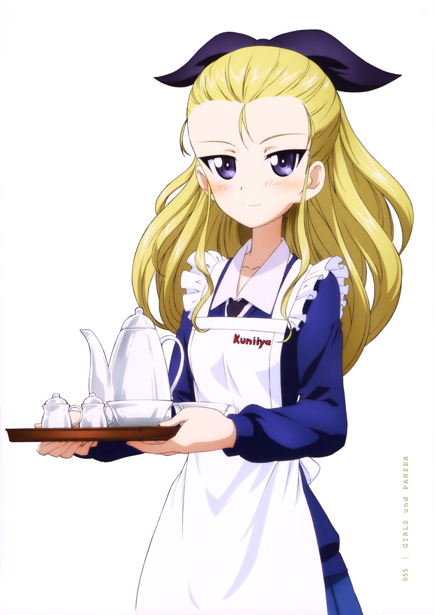 1girl absurdres apron assam blonde_hair blue_bow blue_eyes blue_skirt blue_sweater blush bow copyright_name girls_und_panzer hair_bow highres long_hair looking_at_viewer official_art page_number pleated_skirt simple_background skirt smile solo st._gloriana's_school_uniform standing sweater white_apron white_background yoshida_nobuyoshi