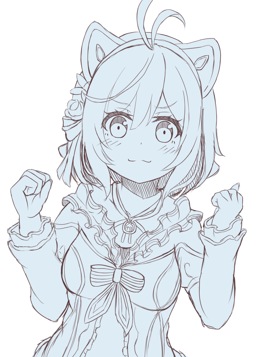 1girl :3 absurdres animal_ears antenna_hair bangs blue blush breasts cat_ears closed_mouth dennou_shoujo_youtuber_shiro dress eyebrows_visible_through_hair flower hair_between_eyes hair_flower hair_ornament hands_up highres keiran_(ryo170) long_sleeves looking_at_viewer medium_breasts monochrome rose shiro_(dennou_shoujo_youtuber_shiro) simple_background sleeves_past_wrists solo virtual_youtuber white_background