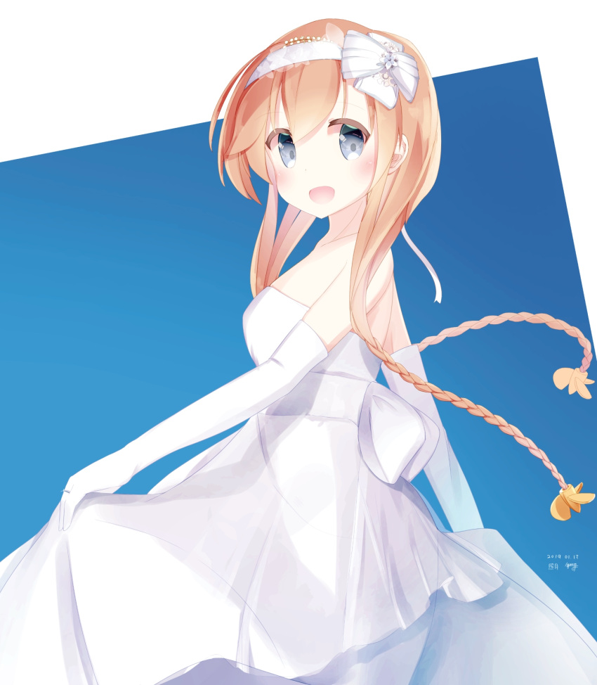 blue_eyes braid breasts dress dress_lift elbow_gloves gloves hair_ornament hairband highres kantai_collection lauryl light_brown_hair long_hair medium_breasts propeller_hair_ornament teruzuki_(kantai_collection) twin_braids wedding_dress white_gloves