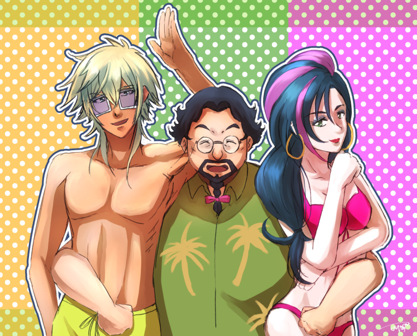 1girl 2boys :d abs arm_around_waist bikini black_hair blonde_hair breasts charaleet_(precure) cleavage daigan_(precure) earrings facial_hair glasses green_eyes hand_up hawaiian_shirt hoop_earrings hugtto!_precure jewelry lipstick looking_at_viewer makeup male_swimwear multicolored_hair multiple_boys open_mouth papple_(precure) pink_bikini pink_hair polka_dot polka_dot_background ponytail precure shara-soju shirt smile standing sunglasses swim_trunks swimsuit swimwear two-tone_hair yellow_swimsuit