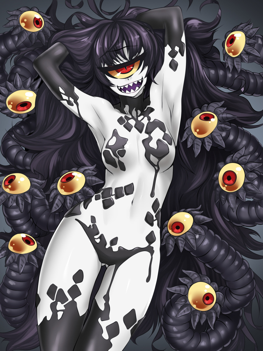 1girl :d absurdres armpits arms_behind_head asha ass_visible_through_thighs black_hair breasts commentary commission contrapposto cyclops extra_eyes eyebrows_visible_through_hair gazer_(monster_girl_encyclopedia) hands_up highres long_hair looking_at_viewer medium_breasts monster_girl monster_girl_encyclopedia navel nude one-eyed open_mouth red_eyes sharp_teeth slime slit_pupils smile solo standing tail teeth tentacle thigh_gap white_skin yellow_sclera
