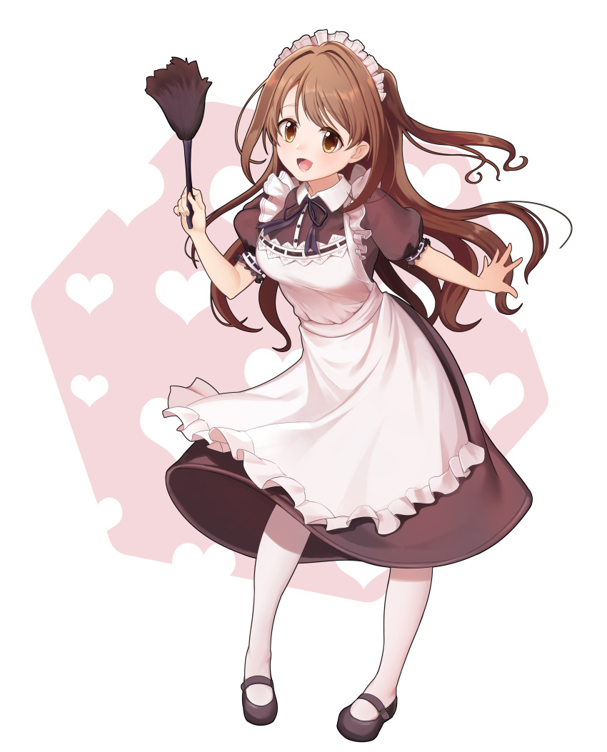 1girl :d absurdres apron bangs blush breasts brown_dress brown_eyes brown_hair dress feather_duster frilled_apron frilled_sleeves frills full_body heart heart_background highres hpb8642 idolmaster idolmaster_cinderella_girls long_hair looking_at_viewer maid maid_headdress mary_janes medium_breasts one_side_up open_mouth pantyhose shimamura_uzuki shoes short_sleeves simple_background smile solo swept_bangs white_apron white_legwear