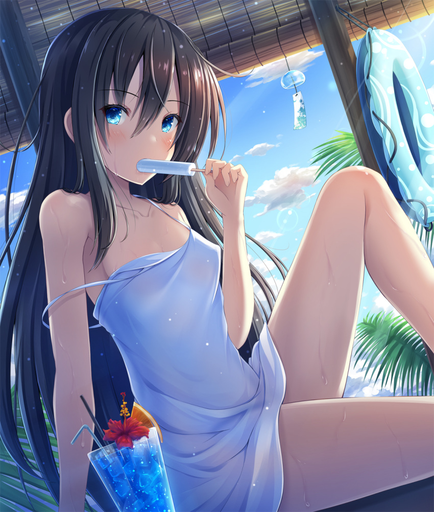 1girl akashio_(loli_ace) black_hair blue_eyes blue_sky clouds cocktail cocktail_glass collarbone commentary_request cup day dress drinking_glass drinking_straw eyebrows_visible_through_hair eyes_visible_through_hair food food_in_mouth hair_between_eyes highres innertube long_hair looking_at_viewer original popsicle sky solo strap_slip sundress sweat very_long_hair white_dress wind_chime