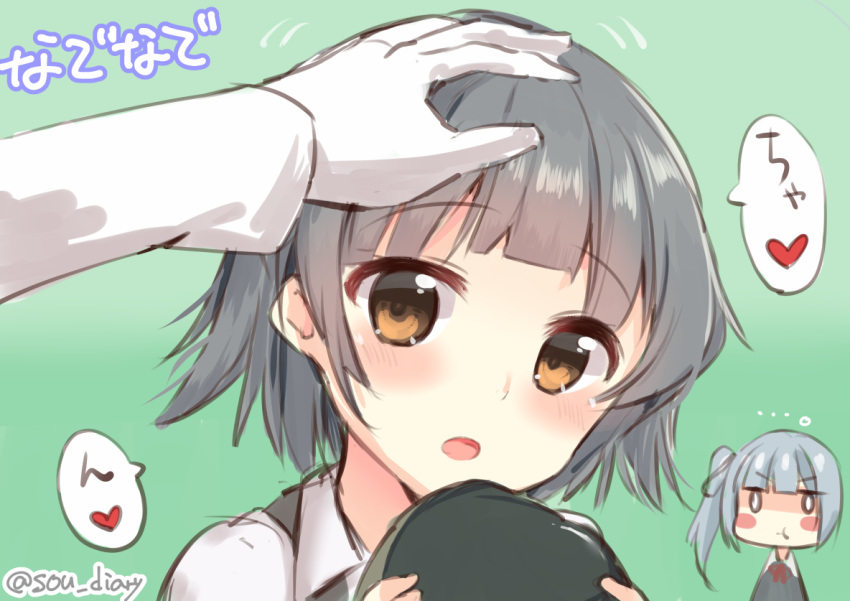 ... 2girls :t admiral_(kantai_collection) arare_(kantai_collection) black_ribbon blush blush_stickers brown_eyes commentary_request eyebrows_visible_through_hair gloves grey_hair hair_ribbon hat hat_removed headwear_removed heart holding holding_hat kantai_collection kasumi_(kantai_collection) long_hair long_sleeves multiple_girls open_mouth pout remodel_(kantai_collection) ribbon shaded_face short_hair side_ponytail simple_background sou_(soutennkouchi) speech_bubble translated white_background white_gloves