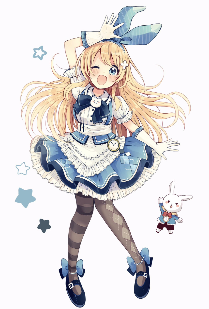 &gt;_o 1girl ;d alice_(wonderland) alice_in_wonderland animal argyle argyle_legwear arm_up black_footwear black_shorts blonde_hair blue_bow blue_eyes blue_jacket blue_ribbon blue_skirt blush bow brown_legwear center_frills clothed_animal commentary_request frilled_gloves frilled_skirt frills full_body gloves hair_ribbon head_tilt highres jacket long_hair looking_at_viewer mary_janes mismatched_legwear one_eye_closed open_mouth pantyhose pleated_skirt puffy_short_sleeves puffy_sleeves red_bow ribbon sakura_oriko shirt shoes short_sleeves shorts skirt smile star striped striped_legwear very_long_hair white_gloves white_rabbit white_shirt