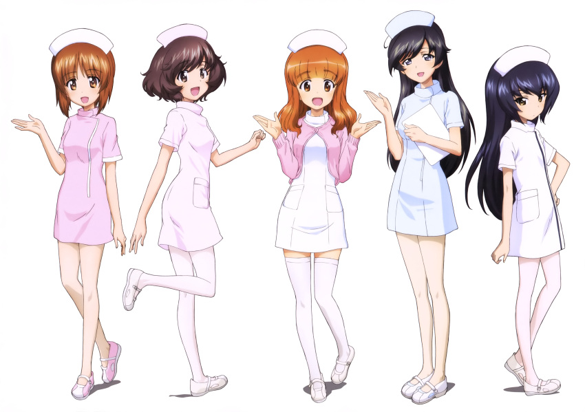 5girls :d absurdres akiyama_yukari bangs black_hair blunt_bangs brown_eyes brown_hair dress eyebrows_visible_through_hair full_body girls_und_panzer hand_on_hip hat head_tilt highres holding isuzu_hana leg_up long_hair looking_at_viewer multiple_girls nishizumi_miho nurse nurse_cap official_art open_mouth pantyhose pink_dress reizei_mako shiny shiny_hair short_dress short_sleeves simple_background smile standing standing_on_one_leg takebe_saori thigh-highs very_long_hair white_background white_dress white_footwear white_legwear yoshida_nobuyoshi zettai_ryouiki