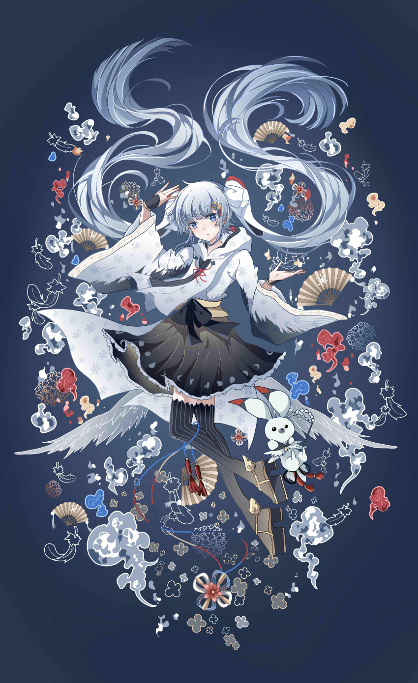 1girl absurdres azure-aoi- black_hakama black_legwear blue_background blue_eyes blue_hair floating_hair frilled_skirt frills from_side hair_ornament hakama hakama_skirt hatsune_miku highres japanese_clothes kimono long_hair long_sleeves simple_background skirt solo striped striped_legwear thigh-highs twintails vertical-striped_legwear vertical_stripes very_long_hair vocaloid white_kimono wide_sleeves yuki_miku