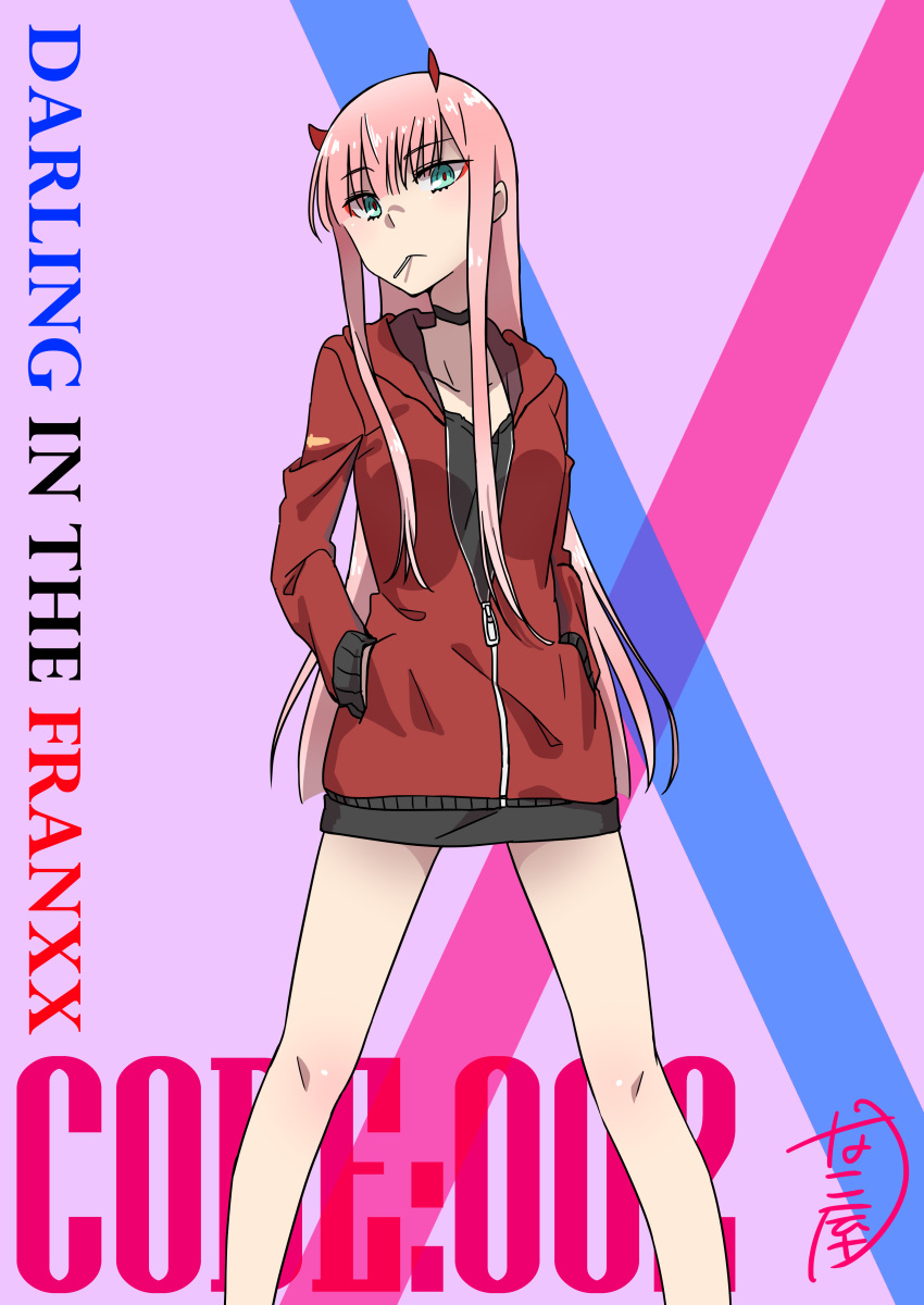 1girl absurdres bangs black_shirt candy character_name collar collarbone copyright_name darling_in_the_franxx eyebrows_visible_through_hair food green_eyes hands_in_pockets highres horns jacket lollipop long_hair looking_at_viewer nakoya_(nane_cat) partially_unzipped pink_hair red_jacket shiny shiny_hair shirt solo standing very_long_hair zero_two_(darling_in_the_franxx)