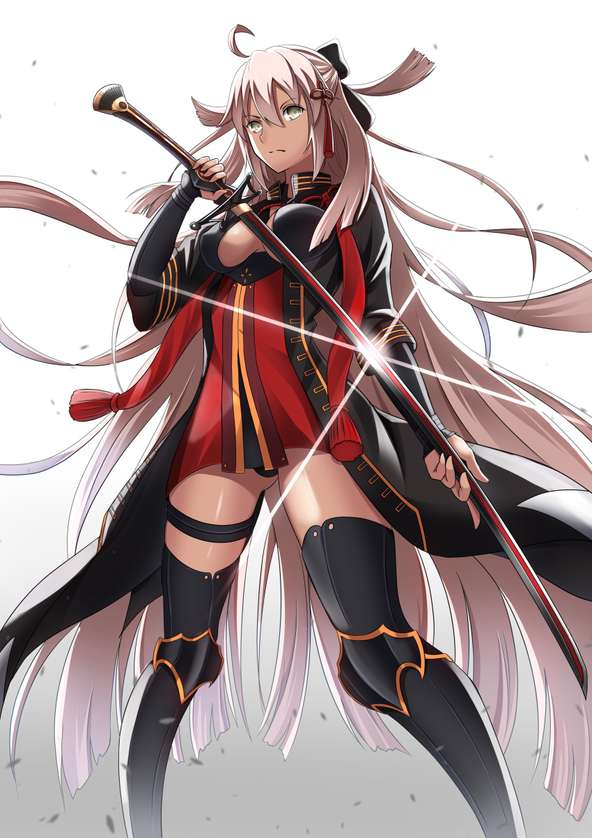 1girl absurdly_long_hair absurdres ahoge black_bow black_cape black_legwear black_panties bow cape dark_skin dress fate/grand_order fate_(series) floating_hair furan_(pixiv20237436) gradient gradient_background grey_eyes hair_between_eyes hair_bow highres holding holding_sword holding_weapon katana long_hair okita_souji_(alter)_(fate) okita_souji_(fate)_(all) panties pantyshot pantyshot_(standing) short_dress silver_hair solo standing sword thigh-highs underwear very_long_hair weapon white_background