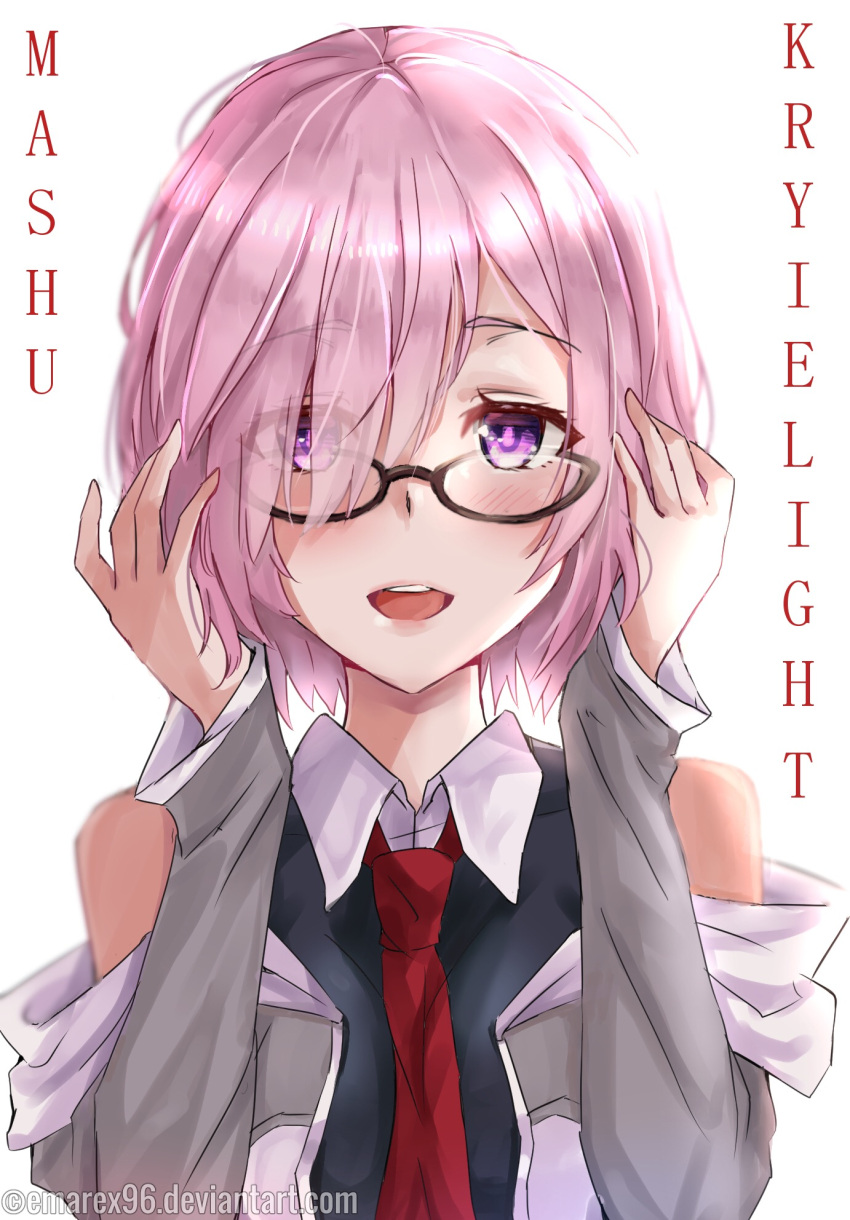 1girl black-framed_eyewear black_shirt copyright_name emarex96 eyebrows_visible_through_hair eyes_visible_through_hair fate/grand_order fate_(series) glasses hair_over_one_eye highres jacket looking_at_viewer mash_kyrielight necktie open_clothes open_jacket pink_hair red_neckwear shirt short_hair sleeveless sleeveless_shirt solo upper_body violet_eyes watermark web_address