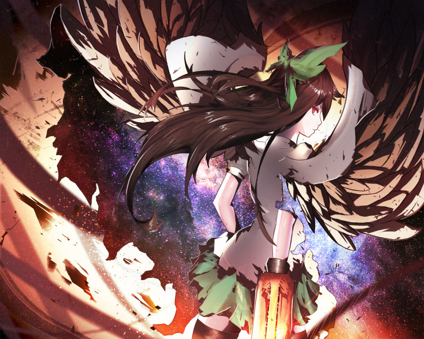 1girl black_legwear bow brown_hair brown_wings cowboy_shot feathered_wings floating_hair from_behind green_bow grey_shirt hair_bow highres long_hair looking_at_viewer looking_back miniskirt pleated_skirt red_eyes reiuji_utsuho shiny shiny_hair shirt short_sleeves skirt solo standing thigh-highs touhou very_long_hair wings wulben zettai_ryouiki