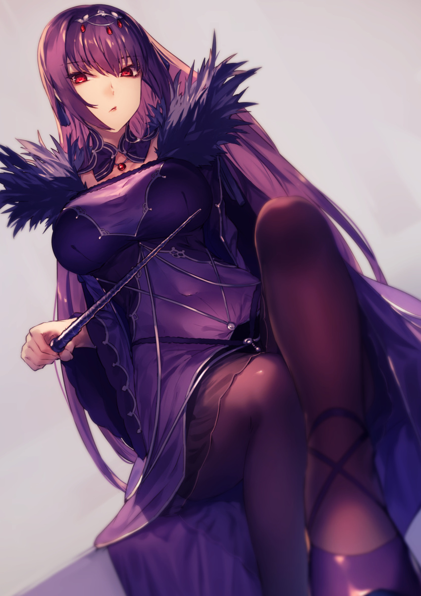 1girl bangs breasts cleavage covered_navel detached_collar dress fate/grand_order fate_(series) fur_trim highres jewelry knee_up kyouya_(mukuro238) large_breasts long_hair looking_at_viewer open_mouth pantyhose pendant purple_dress purple_hair red_eyes scathach_(fate)_(all) scathach_skadi_(fate/grand_order) simple_background sitting solo tiara wand