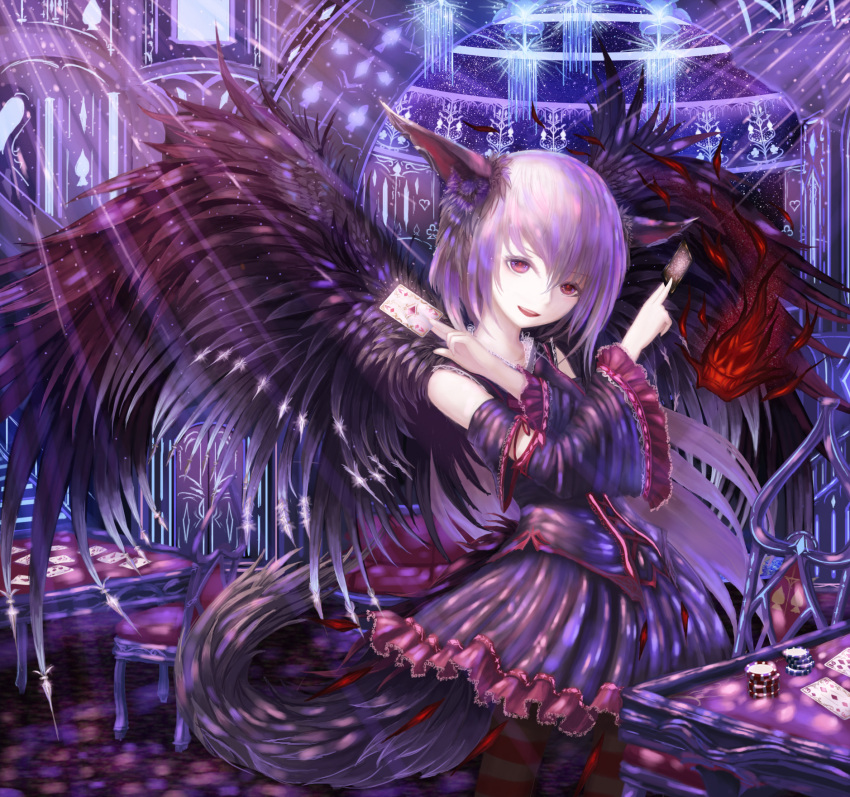 1girl :d animal_ears black_wings borrowed_character card chair chandelier crossed_arms detached_sleeves fire hands_up highres indoors jewelry light_beam necklace open_mouth original playing_card poker_chip red_eyes rinmmo skirt smile solo stairs standing striped striped_legwear table tail white_hair wide_sleeves wings
