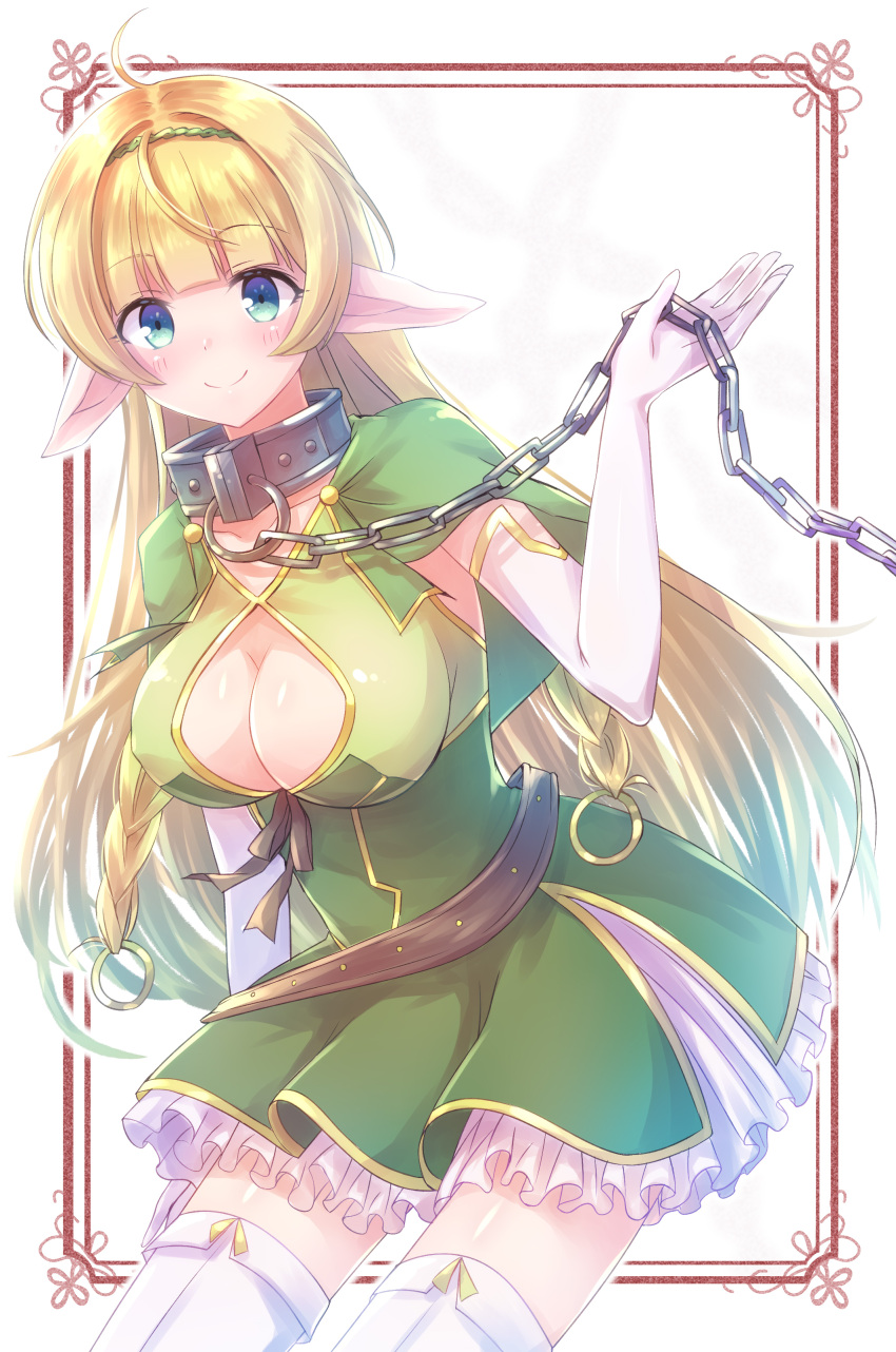 1girl absurdres blonde_hair blue_eyes blush boots breasts chains cleavage cleavage_cutout collar commentary_request dress elbow_gloves elf gloves gold_trim green_dress hairband highres isekai_maou_to_shoukan_shoujo_dorei_majutsu long_hair looking_at_viewer metal_collar nyaa_(nnekoron) pale_color pointy_ears shera_l_greenwood smile solo thigh-highs thigh_boots white_gloves white_legwear