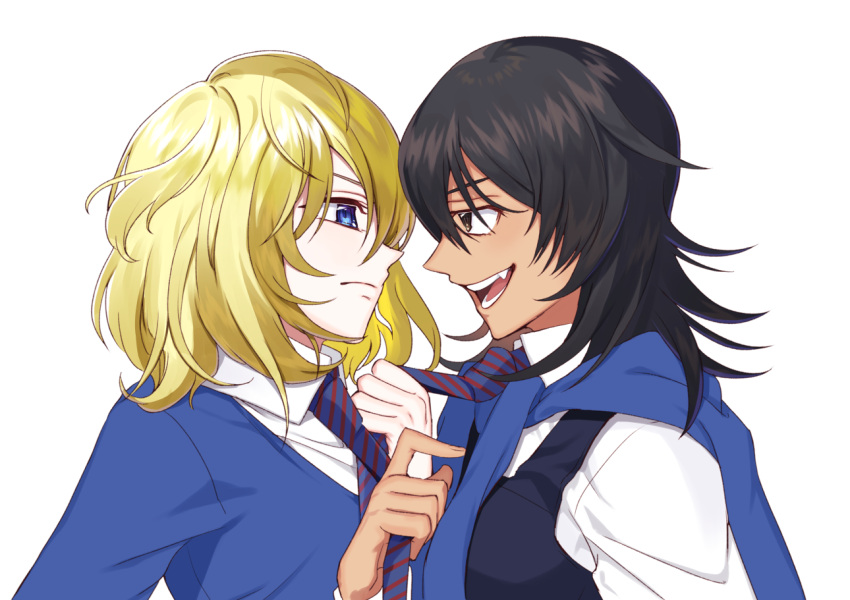 2girls andou_(girls_und_panzer) bangs bc_freedom_school_uniform black_hair black_vest blonde_hair blue_eyes blue_neckwear blue_sweater brown_eyes cardigan commentary dark_skin diagonal_stripes dress_shirt english_commentary from_side frown girls_und_panzer hair_between_eyes long_sleeves looking_at_another medium_hair messy_hair multiple_girls necktie necktie_grab neckwear_grab oshida_(girls_und_panzer) red_neckwear school_uniform shirt shutou_mq smirk standing striped striped_neckwear sweater sweater_around_neck vest white_shirt wing_collar