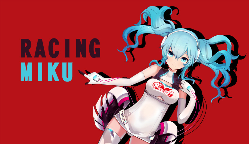 1girl bangs blue_eyes blue_hair breasts character_name closed_mouth commentary_request dutch_angle elbow_gloves floating_hair gloves hair_between_eyes hand_up hatsune_miku headphones highres long_hair maodouzi medium_breasts one-piece_swimsuit racing_miku red_background smile solo swimsuit thigh-highs twintails vocaloid white_gloves white_legwear white_swimsuit