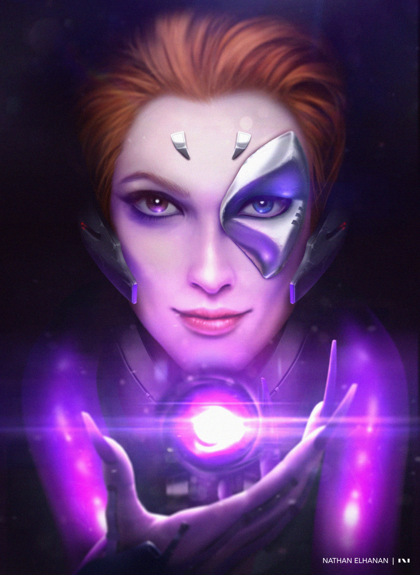 1girl absurdres artist_name blue_eyes commentary cybernetic_parts english_commentary eyelashes face facing_viewer fingernails glowing headgear heterochromia highres long_fingernails looking_at_viewer making_of moira_(overwatch) nathan_elhanan orb overwatch red_eyes redhead reference_work short_hair solo