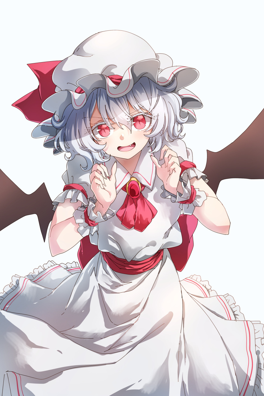 1girl :d absurdres ascot back_bow bangs bat_wings bow brown_wings colored_eyelashes commentary_request darjeeling_(reley) dress eyebrows_visible_through_hair fang fingernails frilled_dress frills hair_between_eyes hands_up hat hat_bow head_tilt highres looking_at_viewer mob_cap open_mouth puffy_short_sleeves puffy_sleeves red_bow red_eyes red_neckwear remilia_scarlet short_sleeves silver_hair simple_background smile solo touhou v-shaped_eyebrows white_background white_dress white_hat wings wrist_cuffs