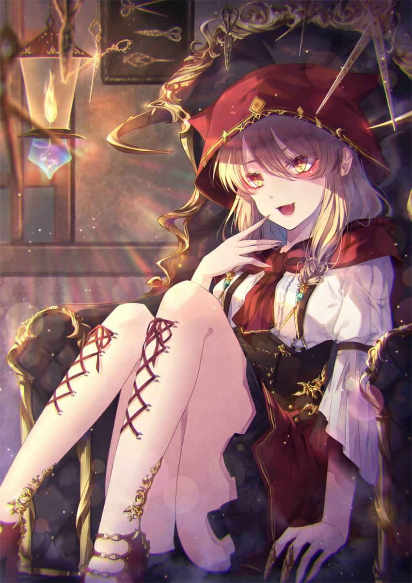 1girl brown_hair chair corset_piercing fang fantasy highres hood long_hair mokoppe open_mouth original scissors sitting slit_pupils smile solo tagme yellow_eyes