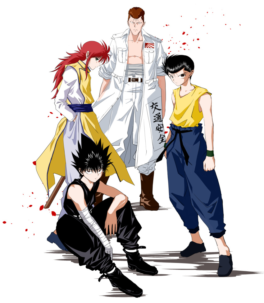 4boys bandage bandaged_arm bandages bare_chest black_hair brown_hair closed_mouth coat delinquent full_body hands_in_pockets hiei_(yuu_yuu_hakusho) highres kurama kuwabara_kazuma long_hair looking_at_viewer male_focus multiple_boys official_style open_clothes open_coat petals pompadour redhead sarashi simple_background sleeveless spiky_hair sunburst urameshi_yuusuke white_background yuu_yuu_hakusho