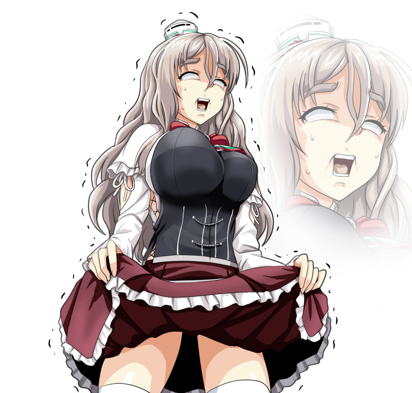 1girl blush bow bowtie breasts corset eyebrows_visible_through_hair grey_hair hair_between_eyes highres kantai_collection large_breasts long_skirt long_sleeves open_mouth pola_(kantai_collection) simple_background skirt solo sweat sweatdrop thigh-highs tk8d32 what white_background white_legwear