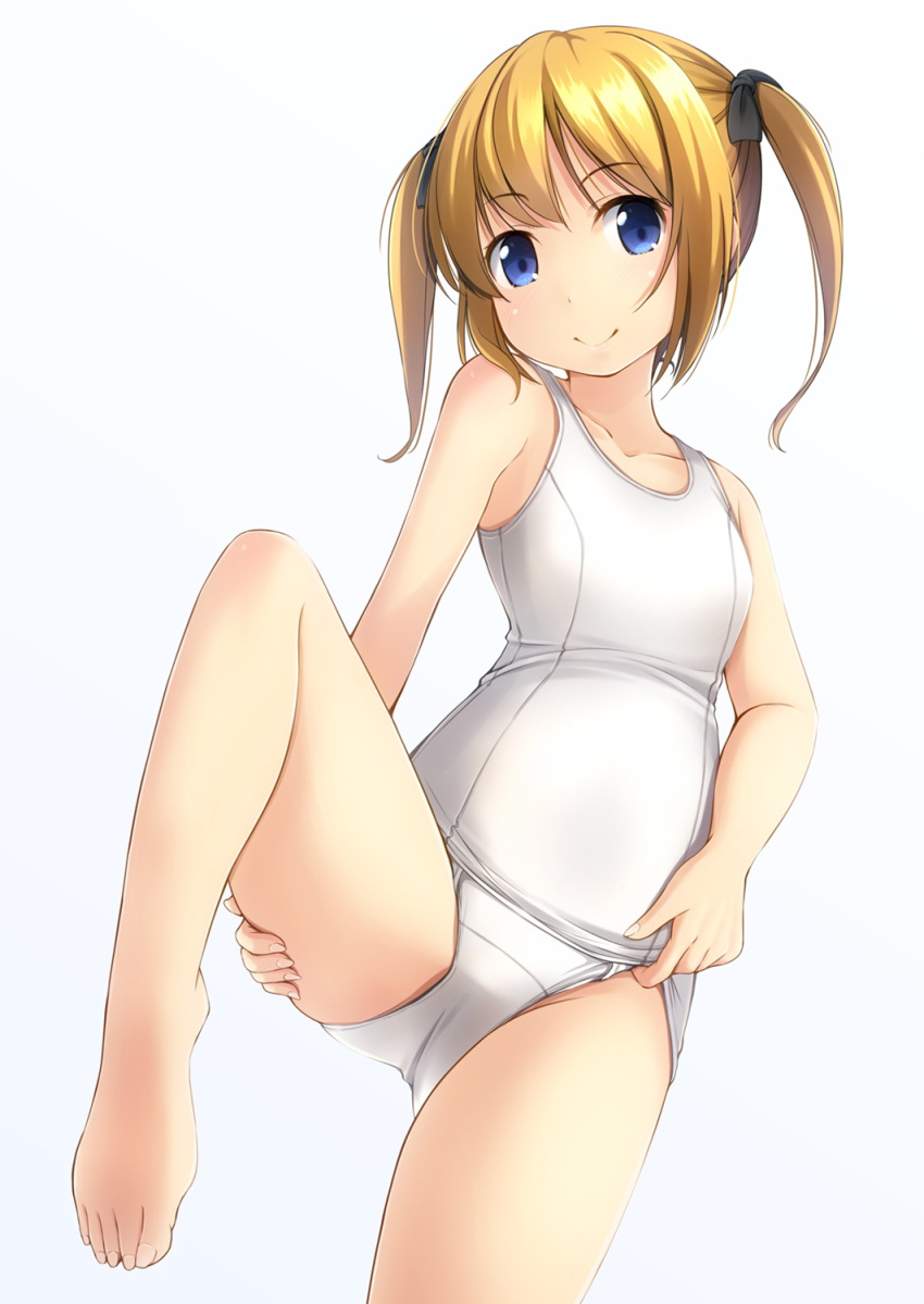 1girl bangs bare_arms bare_legs bare_shoulders barefoot black_bow blonde_hair blue_eyes blush bow breasts closed_mouth collarbone commentary_request eyebrows_visible_through_hair fingernails hair_between_eyes hair_bow hand_on_thigh highres long_hair old_school_swimsuit original school_swimsuit shibacha small_breasts smile solo standing standing_on_one_leg swimsuit thighs toenails twintails white_school_swimsuit white_swimsuit