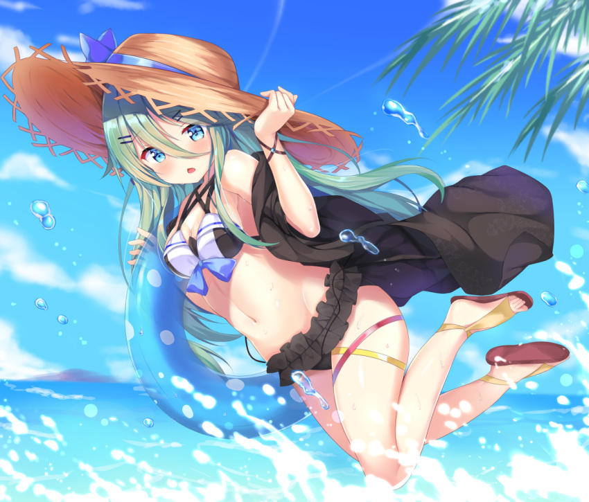 1girl armpits bangs bare_shoulders beach bikini bikini_skirt black_bikini black_coat black_jacket blue_bow blue_eyes blue_ribbon blue_sky blush bow breasts cleavage clouds coat collarbone commentary day eyebrows_visible_through_hair frilled_bikini frills full_body green_hair groin hair_between_eyes hair_ornament hairclip hat hat_bow hat_ribbon holding holding_innertube innertube jacket jan_(janpx2012) jumping kantai_collection long_hair looking_at_viewer medium_breasts navel ocean off_shoulder open_clothes open_coat open_jacket open_mouth outdoors palm_leaf ribbon sandals sidelocks sky solo splashing stomach straw_hat sunlight swimsuit thigh_ribbon thigh_strap water water_drop waves wet wrist_straps yamakaze_(kantai_collection)