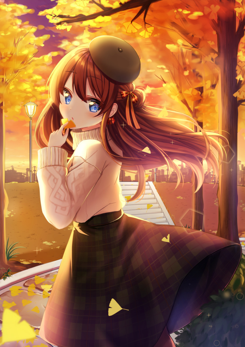 1girl aran_sweater beret blush brown_hair brown_hat brown_legwear clouds commentary_request ginkgo ginkgo_leaf green_skirt hand_up hat head_tilt highres holding holding_leaf lamppost leaf long_hair long_sleeves looking_at_viewer looking_to_the_side mamel_27 one_side_up original outdoors pantyhose plaid plaid_skirt power_lines skirt sky solo stairs standing stone_stairs sunset sweater tree turtleneck turtleneck_sweater very_long_hair white_sweater