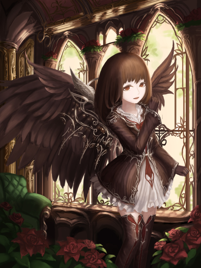 1girl black_gloves boots brown_dress brown_eyes brown_hair brown_wings clenched_hand couch dress flower gloves highres indoors knee_boots long_sleeves rinmmo smile solo standing windows wings