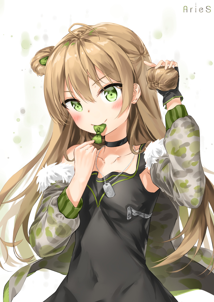 1girl absurdres ahoge bangs bare_shoulders blush bow breasts brown_hair choker cleavage collarbone double_bun dress eyebrows_visible_through_hair fingerless_gloves fur_trim girls_frontline gloves green_eyes hair_bow highres jacket long_hair looking_at_viewer medium_breasts rfb_(girls_frontline) smile solo