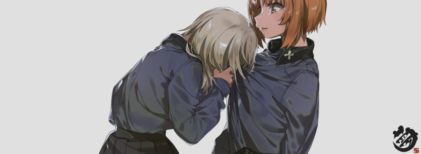 2girls artist_name bangs black_skirt brown_eyes brown_hair commentary crying dress_shirt from_side girls_und_panzer grey_background grey_shirt highres itsumi_erika kuromorimine_school_uniform long_hair long_sleeves looking_at_another multiple_girls nishizumi_miho parted_lips pleated_skirt school_uniform shirt shirt_grab short_hair signature silver_hair simple_background skirt standing upper_body veerinly watermark