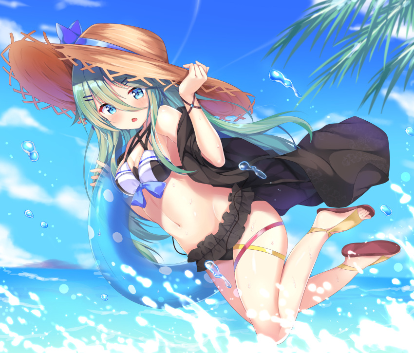 1girl absurdres bare_shoulders beach bikini black_bikini black_jacket blue_bow blue_eyes blue_ribbon blue_sky blush bow breasts cleavage clouds day frilled_bikini frills full_body green_hair hair_between_eyes hair_ornament hairclip hat hat_bow hat_ribbon highres huge_filesize innertube jacket jan_(janpx2012) kantai_collection long_hair looking_at_viewer medium_breasts navel ocean off_shoulder open_clothes open_jacket open_mouth outdoors ribbon sandals sky solo straw_hat swimsuit thigh_ribbon water yamakaze_(kantai_collection)