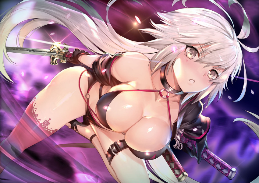 1girl ahoge bangs bare_shoulders bikini black_bikini blush breasts choker cleavage collarbone commentary_request cropped_jacket eyebrows_visible_through_hair fate/grand_order fate_(series) full_body hair_between_eyes holding holding_weapon jeanne_d'arc_(alter_swimsuit_berserker) jeanne_d'arc_(fate)_(all) large_breasts lips long_hair long_sleeves looking_at_viewer midriff o-ring parted_lips red_legwear shiny shiny_skin sidelocks single_thighhigh solo swimsuit teddy_(khanshin) thigh-highs thighs unsheathed weapon yellow_eyes