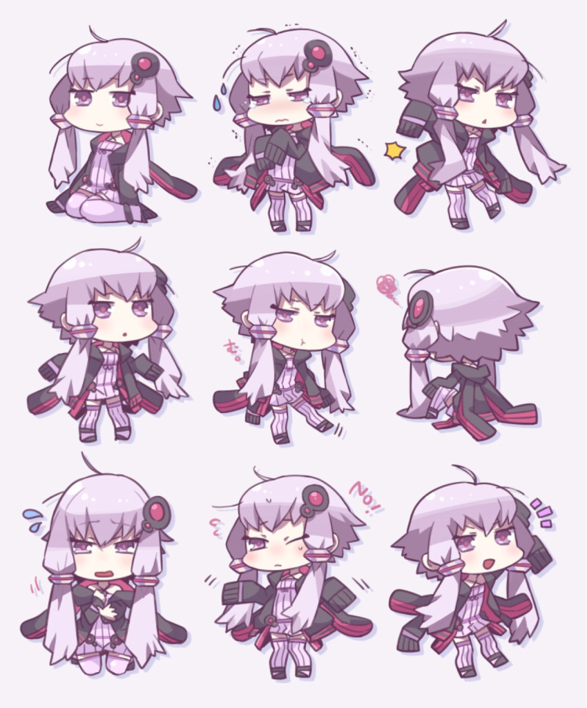 1girl :o :t ahoge bangs black_jacket chibi dress eyebrows_visible_through_hair highres hood hood_down hooded_jacket jacket long_hair long_sleeves low_twintails motion_lines no_nose open_clothes open_jacket open_mouth purple_dress purple_hair purple_legwear shigetake_(buroira) silhouette simple_background sleeves_past_fingers sleeves_past_wrists smile solo squiggle sweatdrop thigh-highs trembling triangle_mouth twintails violet_eyes vocaloid voiceroid white_background yuzuki_yukari zettai_ryouiki