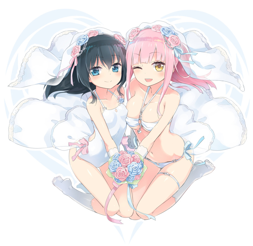 2girls bangs bikini black_hair blue_eyes blue_flower blue_ribbon blush breasts chloe_withers cleavage closed_mouth collarbone commentary_request covered_nipples dress eyebrows_visible_through_hair flower full_body gloves hair_flower hair_ornament halterneck hand_holding heart highres homura_subaru kneehighs lillian_ljungstrom long_hair looking_at_viewer medium_breasts multiple_girls navel necktie no_shoes o-ring o-ring_bikini o-ring_bottom o-ring_swimsuit o-ring_top one_eye_closed open_mouth original pink_flower pink_ribbon ribbon see-through seiza sitting small_breasts smile swimsuit thigh_strap upper_teeth veil wedding_dress white_bikini white_gloves white_legwear white_swimsuit yellow_eyes yuri