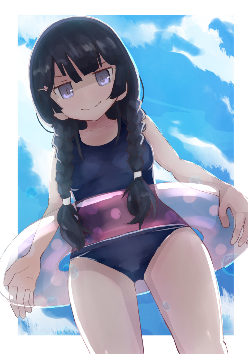 1girl black_hair blue_eyes braid from_below hair_ornament hairclip highres innertube looking_at_viewer moonscraper nijisanji school_swimsuit sky smile swimsuit tagme translucent tsukino_mito twin_braids virtual_youtuber water_drop