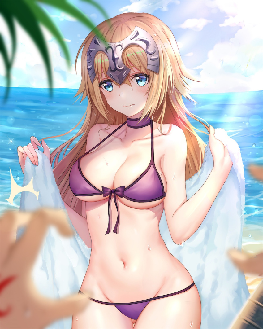 /\/\/\ 1girl beach bikini blue_eyes blue_sky breasts choker closed_mouth clouds command_spell day embarrassed eyebrows_visible_through_hair fate/grand_order fate_(series) headpiece highres jeanne_d'arc_(fate) jeanne_d'arc_(fate)_(all) large_breasts looking_at_viewer luobo_(nsnr8754) navel ocean purple_bikini purple_choker sky solo_focus standing swimsuit towel wavy_mouth wet