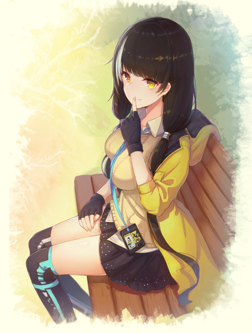 1girl 735308747 absurdres bench black_gloves black_hair black_legwear black_skirt blush breasts bright_pupils brown_shirt chinese_commentary closed_mouth collared_shirt commentary_request cropped_legs day finger_to_mouth fingerless_gloves from_side girls_frontline gloves hair_tie hand_on_lap heterochromia highres hood hood_down hooded_jacket id_card index_finger_raised jacket large_breasts long_hair long_sleeves looking_at_viewer looking_to_the_side low_twintails multicolored_hair nail_polish open_clothes open_jacket orange_eyes outdoors over-kneehighs park_bench pink_nails ro635_(girls_frontline) shirt shushing sitting skirt smile solo streaked_hair thigh-highs twintails very_long_hair white_hair wing_collar yellow_eyes yellow_jacket