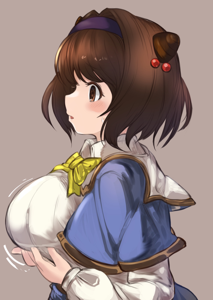 1girl blush breasts brown_background brown_eyes brown_hair granblue_fantasy hair_intakes hairband highres horns large_breasts maou_(maoudaisukiya) parted_lips short_hair simple_background solo sweatdrop yaia_(granblue_fantasy)
