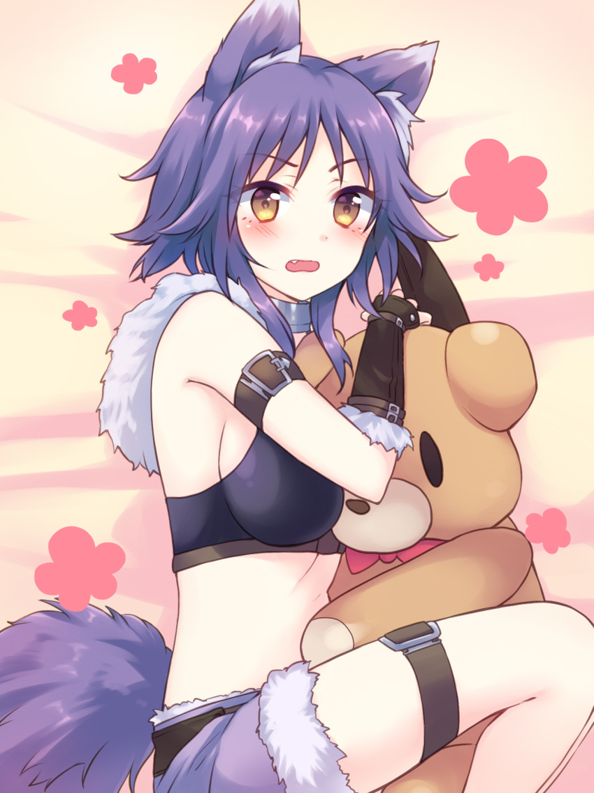 aki_makoto animal_ears bed_sheet black_shirt blush breasts brown_eyes brown_gloves commentary_request elbow_gloves fang fingerless_gloves fur-trimmed_shorts fur_trim gloves gucchiann highres large_breasts long_hair lying object_hug on_side open_mouth princess_connect! princess_connect!_re:dive purple_hair purple_shorts shirt short_shorts shorts sidelocks stuffed_animal stuffed_toy tail teddy_bear wolf_ears wolf_girl wolf_tail