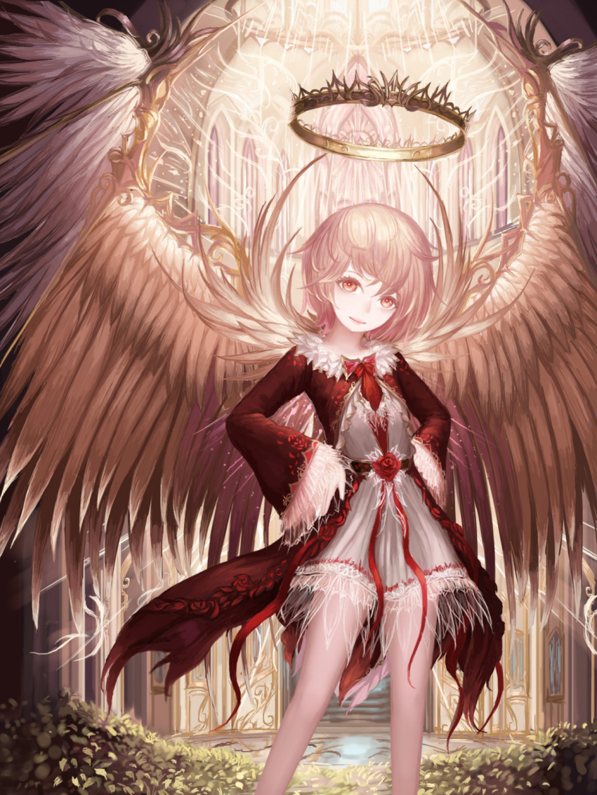 1girl angel angel_wings arch brown_eyes feathered_wings flower halo hands_on_hips highres indoors light_brown_hair looking_at_viewer original red_eyes rinmmo rose skirt smile standing white_skirt white_wings wide_sleeves wings