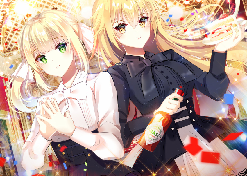 2girls bangs black_bow black_shirt black_skirt blonde_hair blunt_bangs blush bottle bow bowtie cake dress_shirt dutch_angle ecu8080 eyebrows_visible_through_hair floating_hair food green_eyes hair_between_eyes hair_ornament high-waist_skirt highres holding holding_bottle indoors long_hair looking_at_viewer multiple_girls original ponytail shirt skirt smile standing tabasco upper_body very_long_hair white_bow white_shirt yellow_eyes