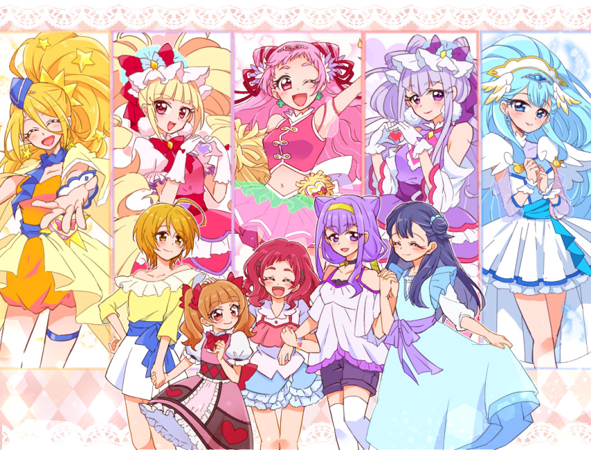 5girls :d ;d ^_^ ^o^ ahoge aisaki_emiru bangs bare_shoulders blonde_hair blouse blue_eyes blue_hair blunt_bangs blush bow brown_hair choker closed_eyes closed_eyes commentary cowboy_shot cure_amour cure_ange cure_etoile cure_macherie cure_yell double_bun dress dual_persona earrings eyebrows_visible_through_hair flower garrison_cap gloves hair_bow hair_flower hair_ornament hair_ribbon hairband hand_holding hat head_wings heart heart_hands hugtto!_precure interlocked_fingers jewelry kagayaki_homare long_hair looking_at_viewer low_twintails magical_girl multiple_girls navel nono_hana one_eye_closed open_mouth pink_eyes pink_hair pom_poms precure puffy_sleeves purple_hair red_eyes ribbon ruru_amour scarf short_hair short_sleeves skirt smile star star_earrings star_hair_ornament thigh-highs twintails very_long_hair violet_eyes white_gloves wrist_cuffs x_hair_ornament yakushiji_saaya yellow_eyes yoshino_(gunform)