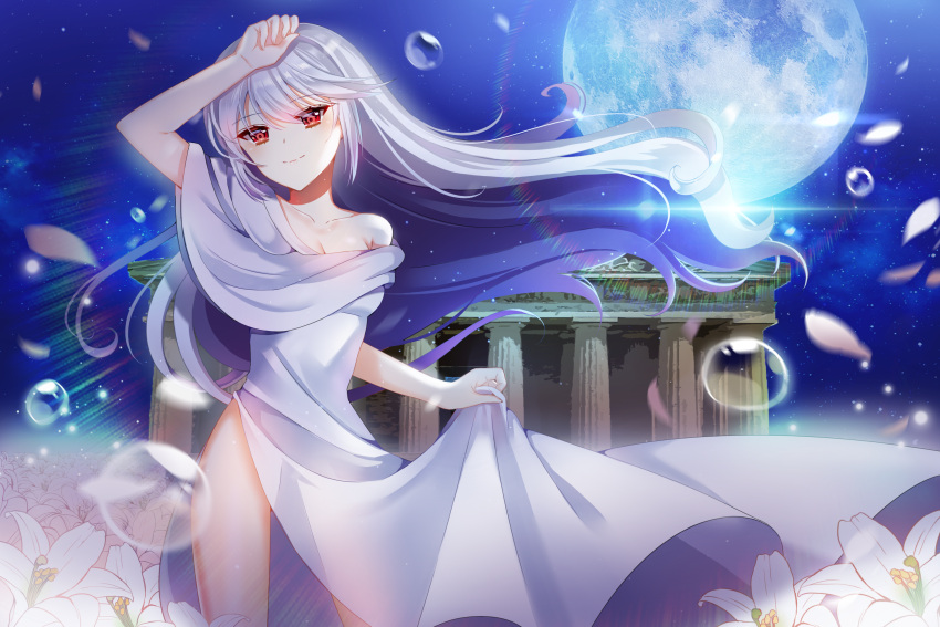 1girl arm_up bare_hips breasts cleavage collarbone dress ecu8080 eyebrows_visible_through_hair floating_hair flower full_moon grisaia_(series) grisaia_no_kajitsu hair_between_eyes head_tilt highres kazami_kazuki lily_(flower) long_dress long_hair medium_breasts moon night outdoors petals red_eyes see-through_silhouette shiny shiny_hair silver_hair skirt_hold sky smile solo standing star_(sky) starry_sky very_long_hair white_dress white_flower