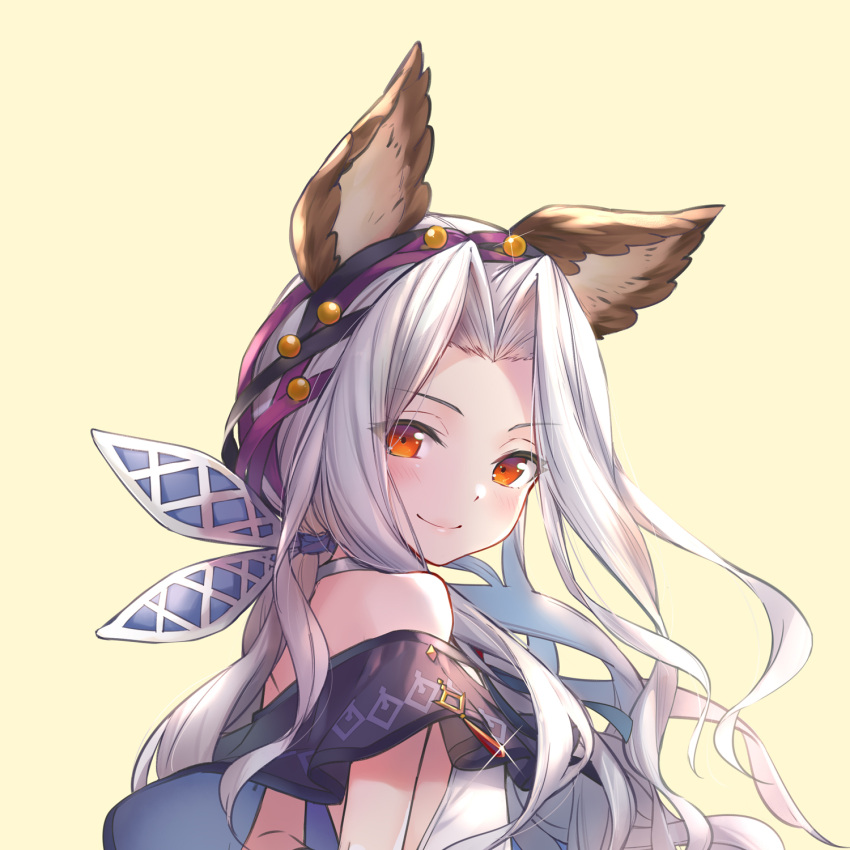 1girl animal_ears arms_behind_back bare_shoulders blush closed_mouth ears_through_headwear erune granblue_fantasy hair_ribbon highres hika_(cross-angel) lips long_hair looking_at_viewer red_eyes ribbon scathacha_(granblue_fantasy) silver_hair simple_background smile solo upper_body
