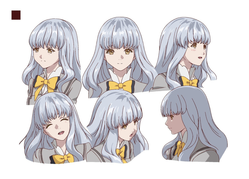 akanesasu_shoujo blush bow bowtie character_profile character_request grey_blazer happy official_art sad school_uniform silver_hair smile source_request yellow_eyes