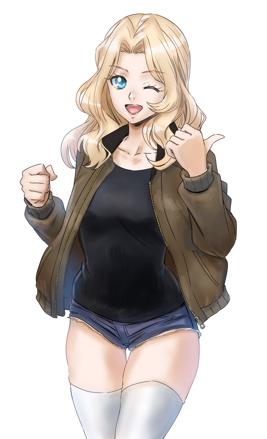 1girl ;d absurdres black_shirt blonde_hair blue_eyes blue_shorts brown_jacket clenched_hand commentary_request cowboy_shot cutoffs denim denim_shorts girls_und_panzer hair_intakes highres hisaki jacket kay_(girls_und_panzer) long_hair long_sleeves looking_at_viewer military military_uniform one_eye_closed open_clothes open_jacket open_mouth saunders_military_uniform shirt short_shorts shorts simple_background skindentation smile solo standing thigh-highs thigh_gap thumbs_up uniform white_background white_legwear zipper zipper_pull_tab