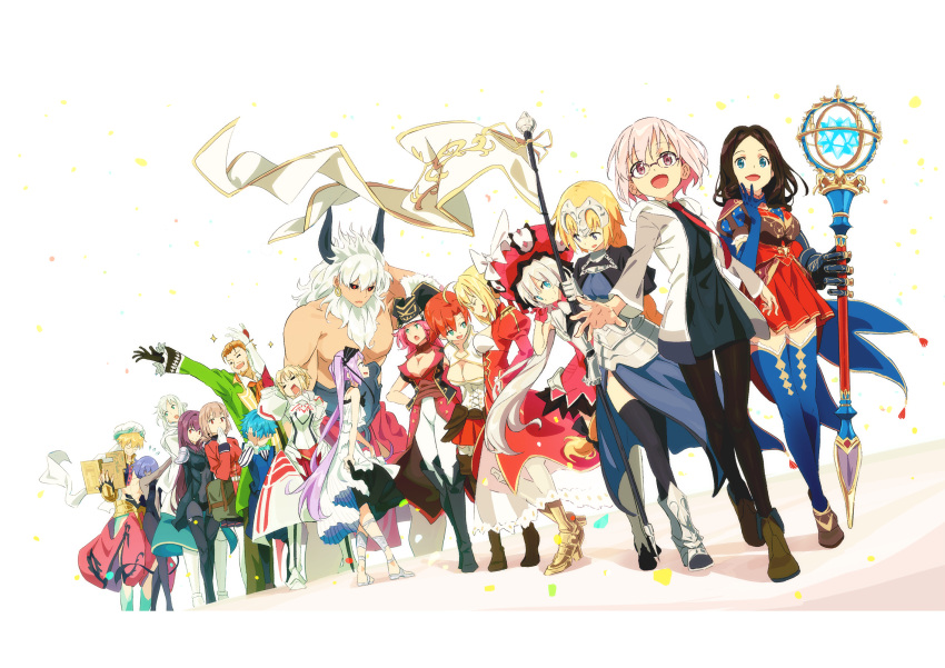 5boys 6+girls :d ahoge arabian_clothes arm_up armor armored_boots armored_dress asterios_(fate/grand_order) bangs beard black_bodysuit black_dress black_hairband black_legwear black_sclera blonde_hair blue_dress blue_eyes blue_gloves blue_hair blue_legwear blue_shorts blue_vest blush bodysuit boots boudica_(fate/grand_order) braid breastplate breasts brown_footwear brown_hair brown_legwear character_request cleavage closed_eyes coat commentary_request covered_mouth dark_skin dress dutch_angle elbow_gloves epaulettes eyebrows_visible_through_hair facepalm facial_hair fate/apocrypha fate/extra fate/extra_ccc fate/grand_order fate/hollow_ataraxia fate_(series) flag florence_nightingale_(fate/grand_order) forehead francis_drake_(fate) frilled_hat frills gauntlets giant gilgamesh gilgamesh_(caster)_(fate) gloves green_eyes hair_between_eyes hairband half_gloves hans_christian_andersen_(fate) harem_pants hassan_of_serenity_(fate) hat headpiece highres holding holding_flag holding_staff hood hooded_jacket jacket jeanne_d'arc_(fate) jeanne_d'arc_(fate)_(all) juliet_sleeves leonardo_da_vinci_(fate/grand_order) light_brown_hair long_hair long_sleeves looking_at_viewer marie_antoinette_(fate/grand_order) mash_kyrielight medium_breasts mordred_(fate) mordred_(fate)_(all) multiple_boys multiple_girls navel necktie nero_claudius_(fate) nero_claudius_(fate)_(all) open_mouth outstretched_arm pants pantyhose parted_bangs pink_hair pleated_dress profile puff_and_slash_sleeves puffy_shorts puffy_sleeves purple_hair red_coat red_dress red_eyes red_gloves red_hat red_jacket red_neckwear red_pants red_skirt redhead scathach_(fate)_(all) scathach_(fate/grand_order) shirt shirtless short_hair shorts sidelocks silver_hair single_elbow_glove single_gauntlet skirt smile staff striped striped_shirt thigh-highs thigh_boots tomato_(lsj44867) twintails v-shaped_eyebrows vertical-striped_shirt vertical_stripes very_long_hair vest violet_eyes white_background white_dress white_flag white_gloves white_hair white_jacket white_shirt william_shakespeare_(fate)