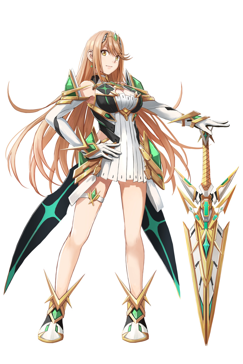 1girl armor bangs bare_shoulders blonde_hair breasts cleavage cleavage_cutout dress gloves headpiece highres mythra_(xenoblade) large_breasts long_hair looking_at_viewer redpoke solo swept_bangs sword thigh_strap tiara weapon xenoblade_(series) xenoblade_2 yellow_eyes